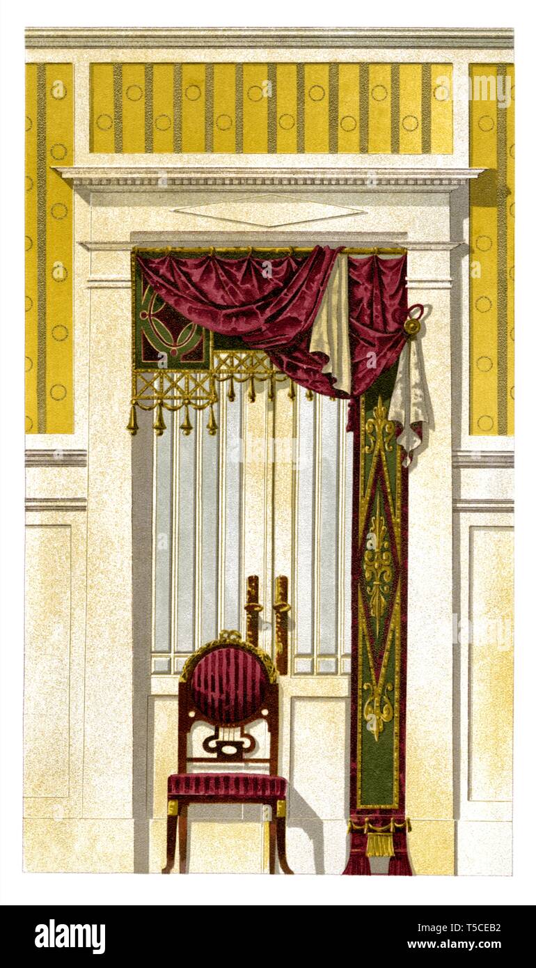 Dining room window decoration. Art Nouveau vintage illustration. By Modern Drapery 1900 Stock Photo