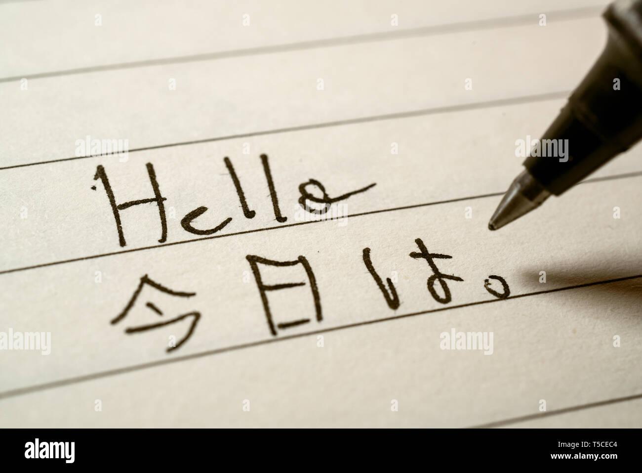 Beginner Japanese language learner writing Hello word in Japanese kanji characters on a notebook close-up shot Stock Photo