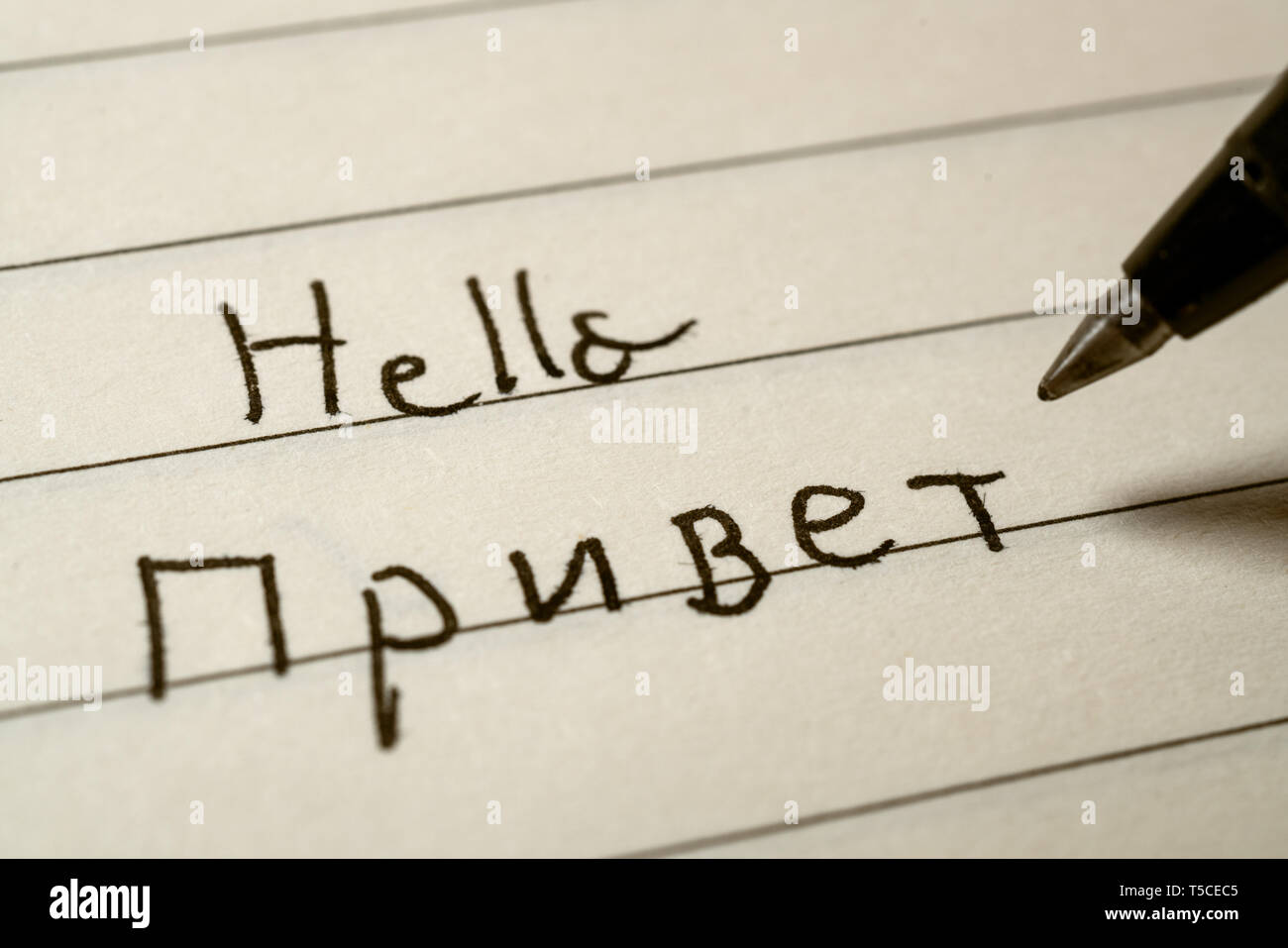 Beginner Russian language learner writing Hello word in Russian cyrillic alphabet on a notebook close-up shot Stock Photo