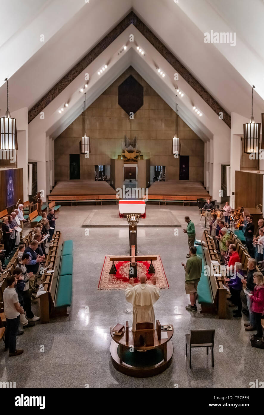 Cross displayed for a Good Friday, veneration of the cross service, Daylesford Abbey, Paoli, Pennsylvania, USA. Stock Photo