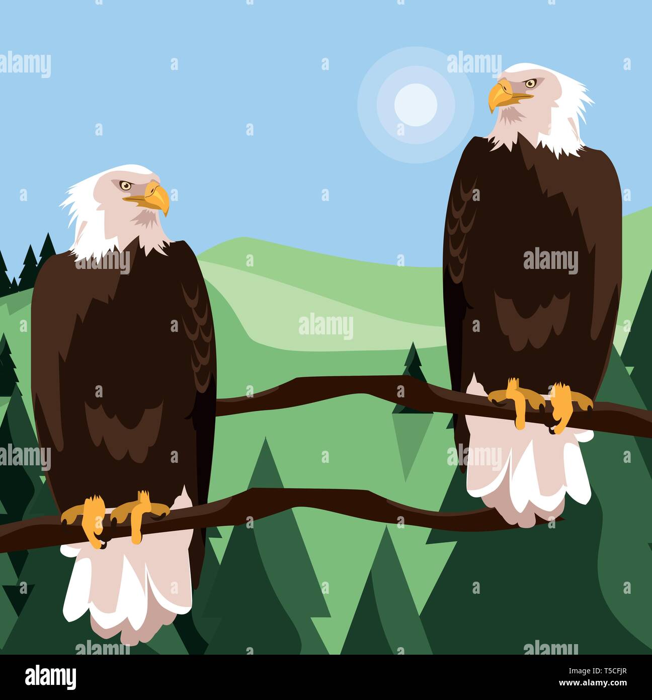 beautiful bald eagles in tree branch landscape scene vector illustration design Stock Vector