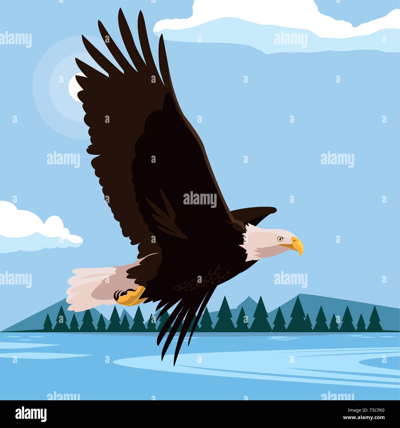 beautiful bald eagle flying in the lake scene vector illustration ...