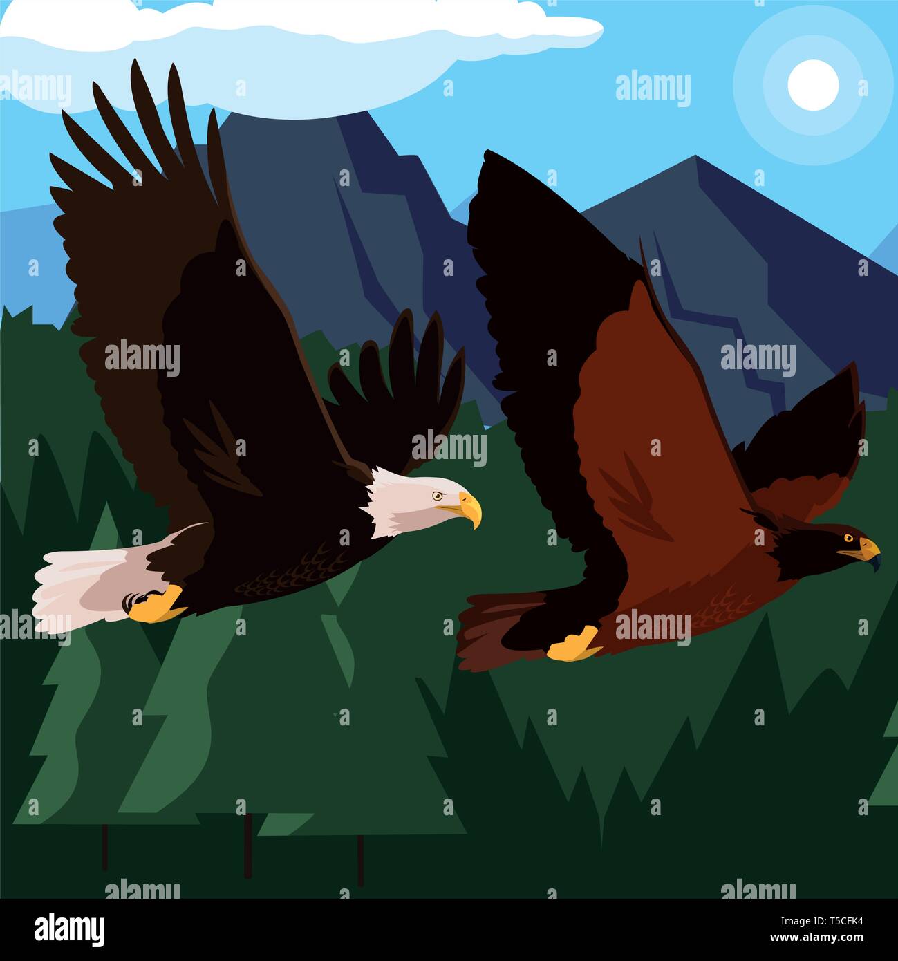 beautiful eagles flying in the landscape vector illustration design ...