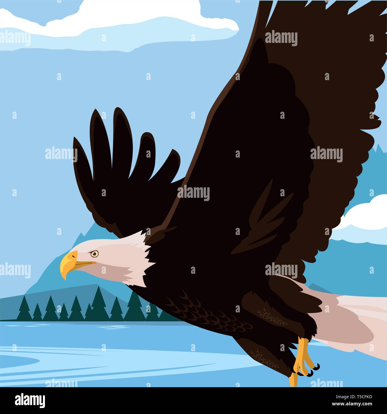 beautiful bald eagle flying in the lake scene vector illustration ...