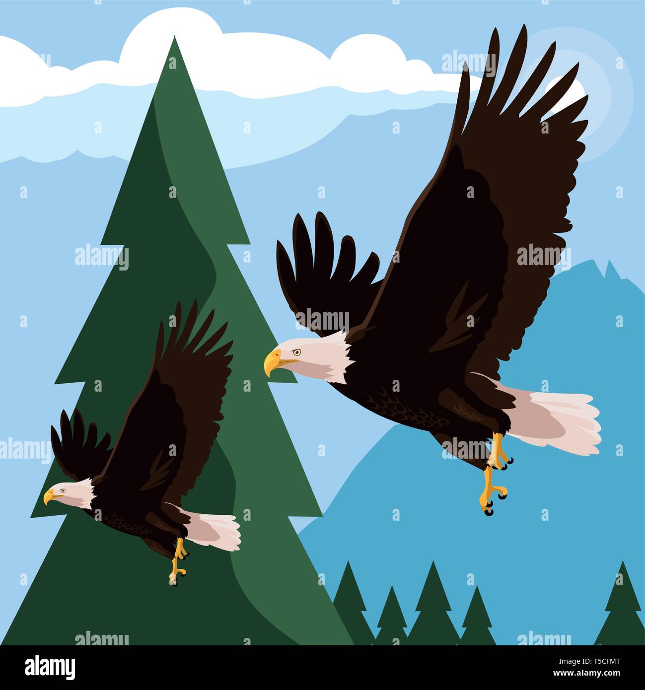 beautiful bald eagles flying in the landscape vector illustration design Stock Vector
