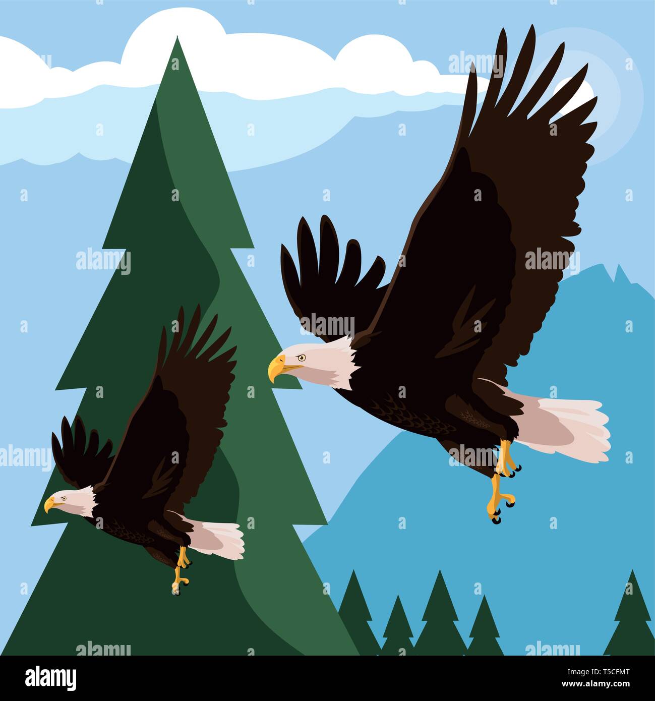 beautiful bald eagles flying in the landscape vector illustration ...