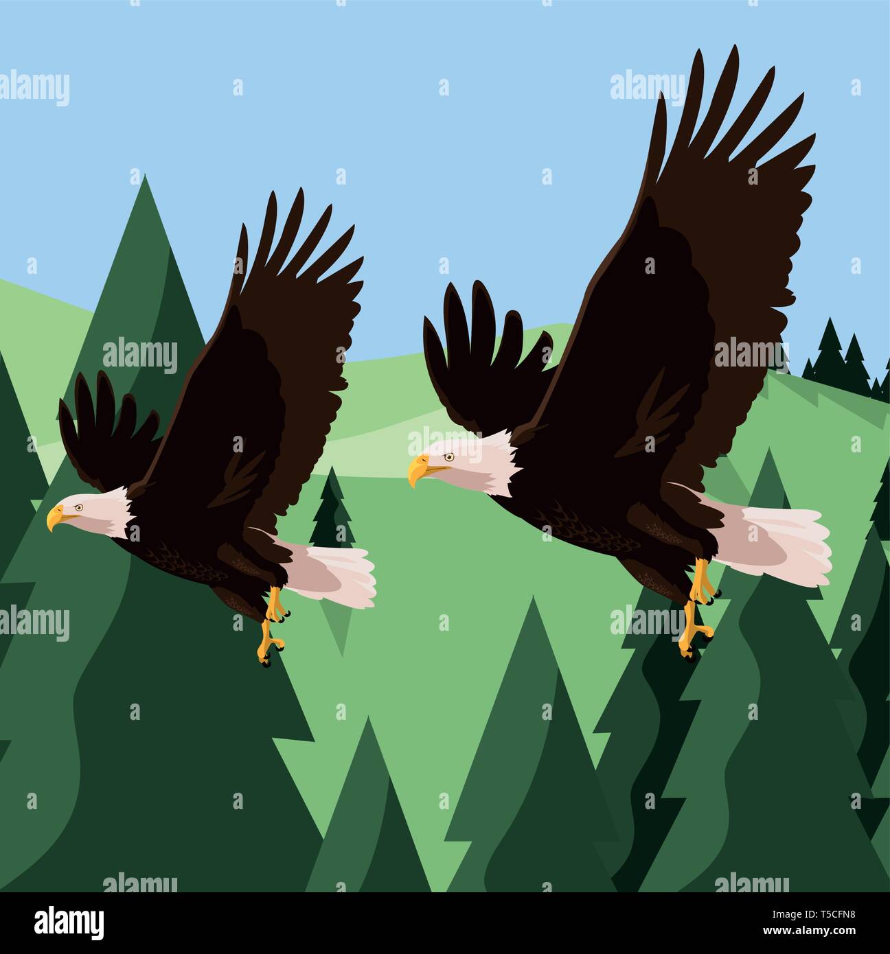 beautiful bald eagles flying in the landscape vector illustration design Stock Vector