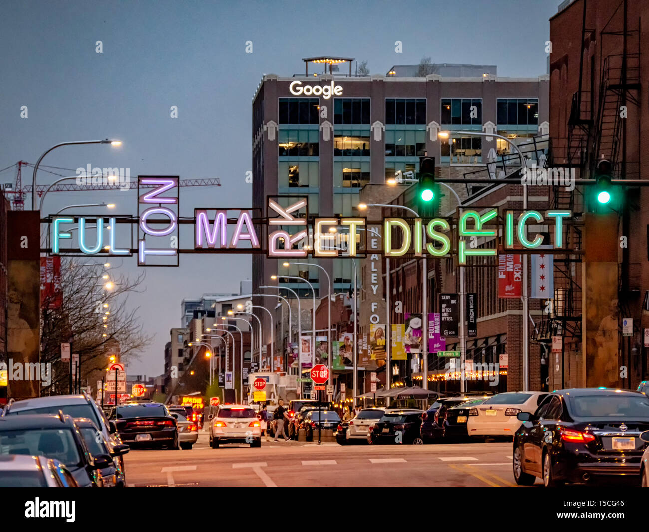Fulton Market, Chicago-April 22, 2019: The busy Fulton Market District entrance and streetscape near Halsted Street. Google office in background. Stock Photo