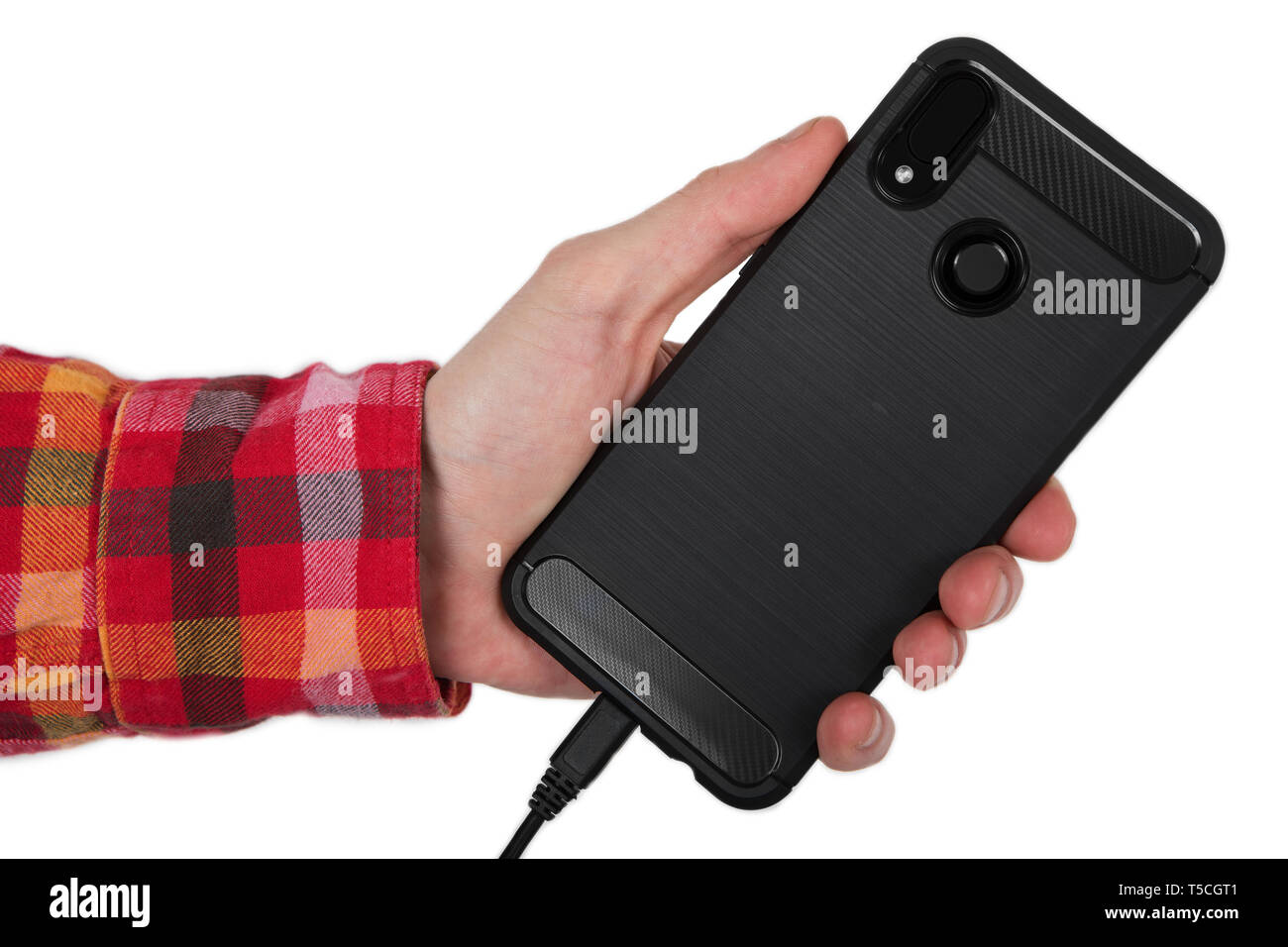 Mans hand holding black screen mobile phone Stock Photo