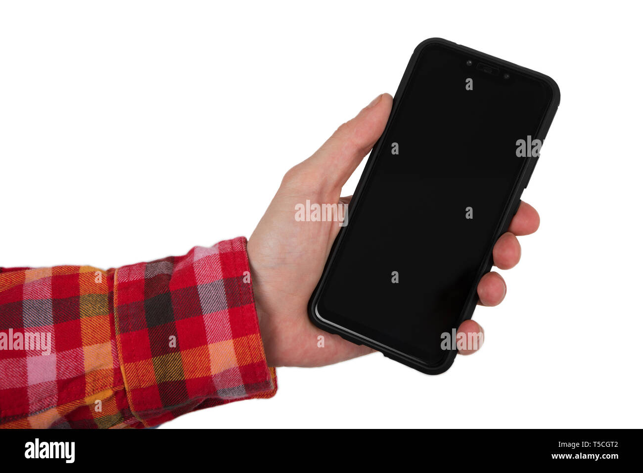 Mans hand holding black screen mobile phone Stock Photo