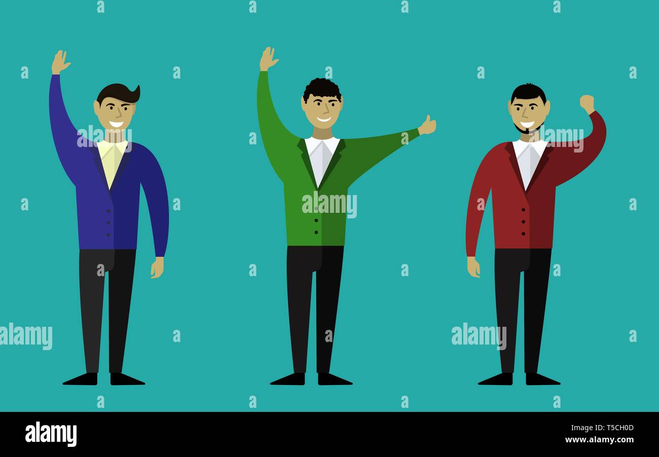 Three men on a blue background. Smiling and waving programmers. Vector illustration. The concept of programming. Stock Vector