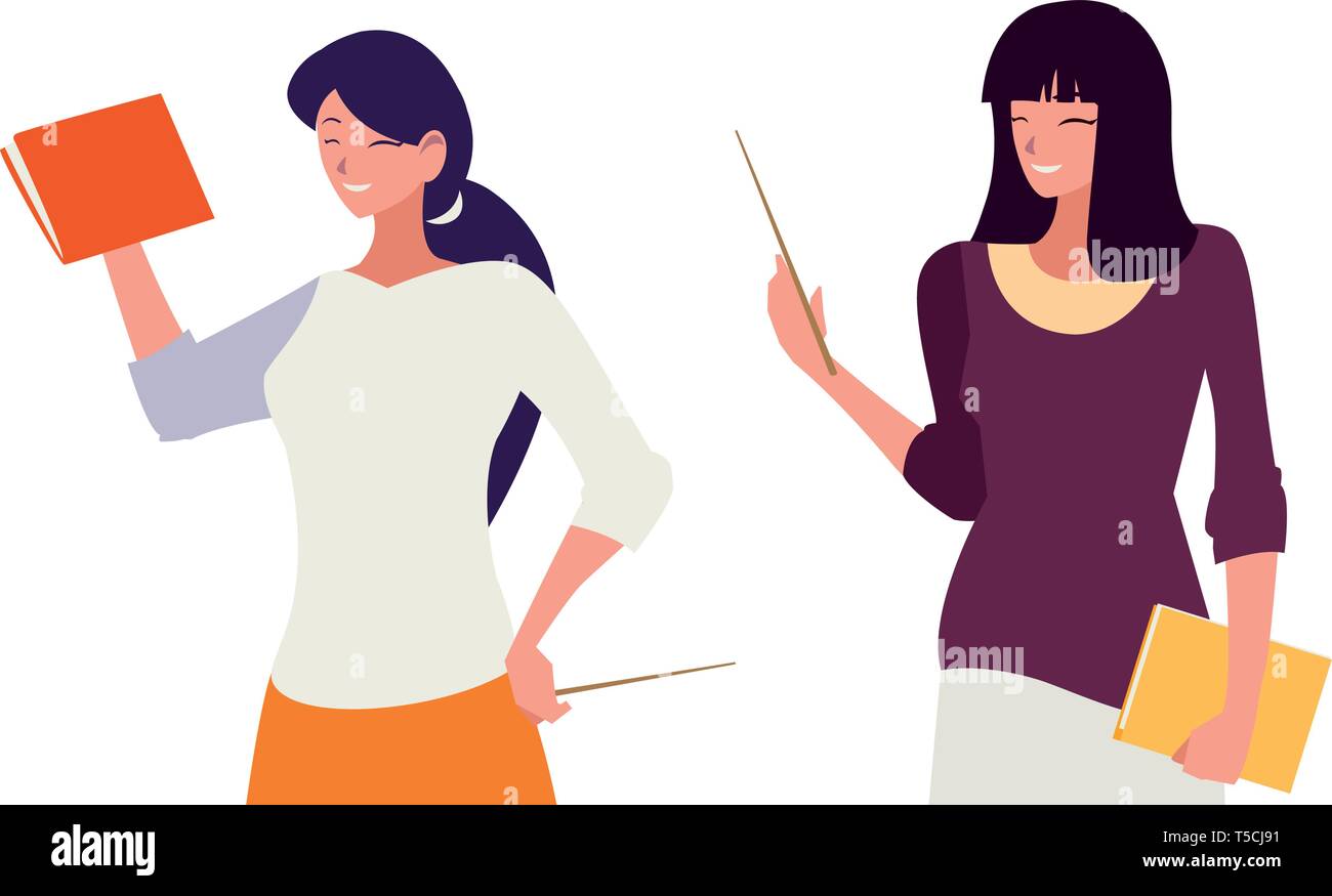 female teachers couple with textbooks characters vector illustration ...