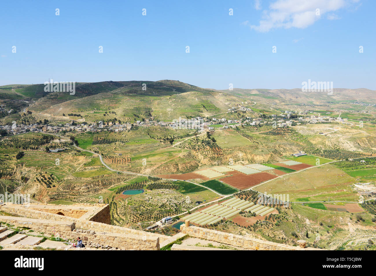 Scenic farmlands as seen from the top of the Kerak castle in Jordan. Stock Photo