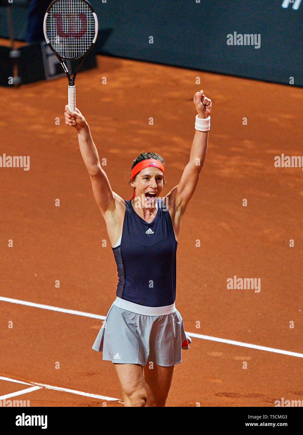 Stuttgart, Germany. 23rd Apr, 2019. Andrea PETKOVIC (GER) celebrate after  her victory in her match against Sara SORRIBES TORMO (ESP). Petkovic won  6-3, 6-4 at the Tennis Grand Prix Porsche Ladies WTA
