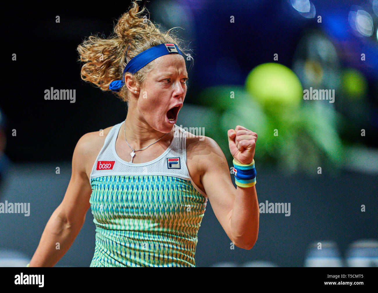 Stuttgart, Germany. 23rd Apr, 2019. Laura SIEGEMUND (GER) celebrate the win  of the first set in her match against Lesia TSURENKO (UKR) at the Tennis  Grand Prix Porsche Ladies WTA in Stuttgart,