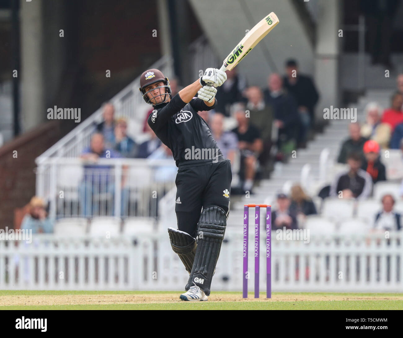 LONDON, UK. 23 April 2019: Will Jacks of of Surrey plays a shot and is caught out during the Surrey v Essex, Royal London One Day Cup match at The Kia Oval. Credit: Mitchell Gunn/ESPA-Images Stock Photo