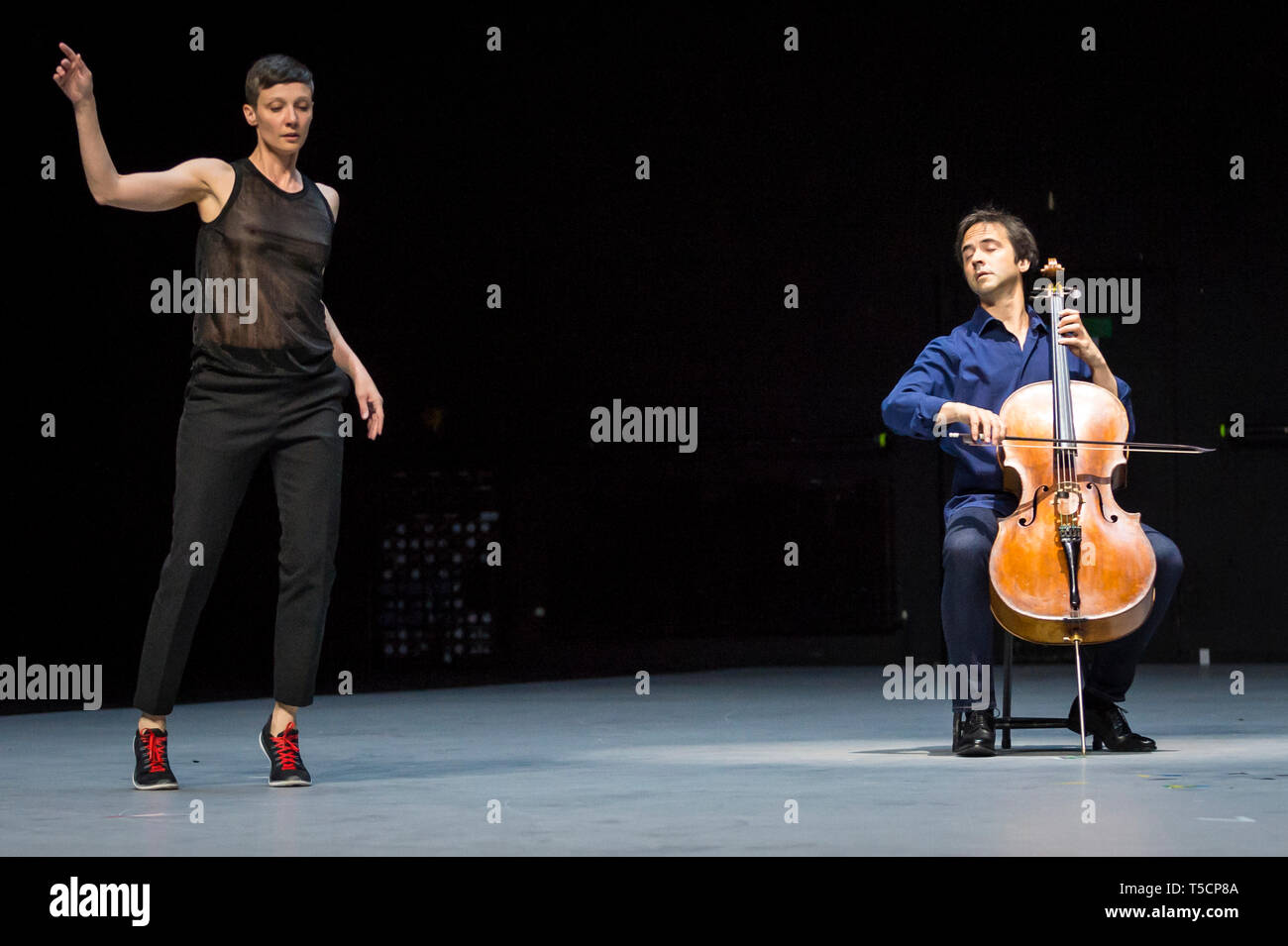 London, UK. 23 April 2019. Preview at Sadler's Wells of "Mitten wir im  Leben sind/Bach6Cellosuiten (in the midst of life)" by Rosas, Anne Teresa  De Keersmaeker's internationally-renowned dance company. Marie Goudot (L)