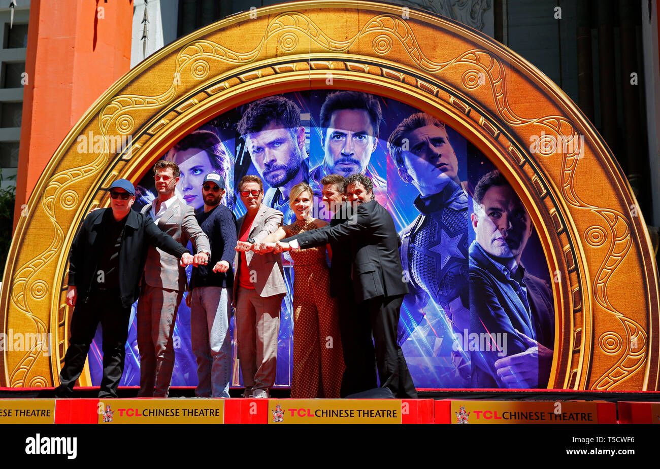 (190424) -- LOS ANGELES, April 24, 2019 (Xinhua) -- Marvels Studios president Kevin Feige, actors Chris Hemsworth, Chris Evans, Robert Downey Jr., actress Scarlett Johansson, actors Jeremy Renner, Mark Ruffalo (From L to R) attend their print ceremony in the forecourt of the TCL Chinese Theater in Los Angeles, the United States, April 23, 2019. The cast of Marvel Studios 'Avengers: Endgame' including Robert Downey Jr., Chris Evans, Mark Ruffalo, Chris Hemsworth, Scarlett Johansson, and Jeremy Renner, along with Marvel Studios President Kevin Feige, received one of Hollywood's oldest accolades Stock Photo