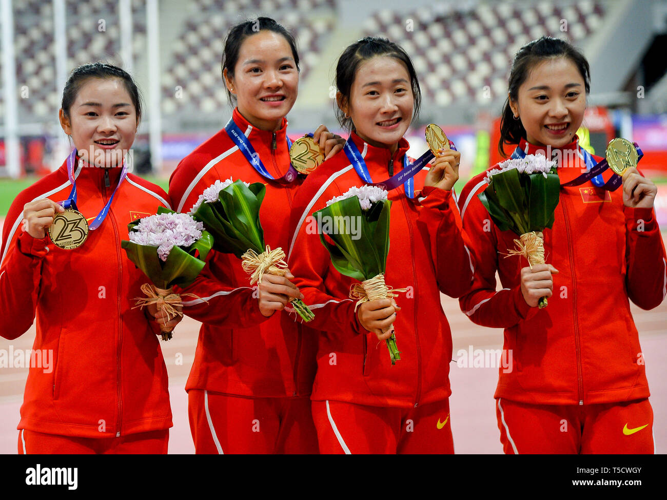 Doha, Qatar. 23rd Apr, 2019. (From L to R) Gold medalists China's Liang ...