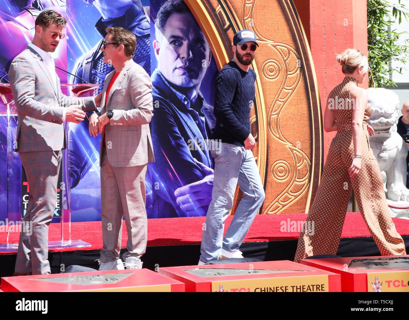 Hollywood, United States. 23rd Apr, 2019. HOLLYWOOD, LOS ANGELES, CALIFORNIA, USA - APRIL 23: Chris Hemsworth, Chris Evans, Robert Downey Jr., Scarlett Johansson attend the Marvel Studios' 'Avengers: Endgame' Cast Place Their Hand Prints In Cement At TCL Chinese Theatre IMAX Forecourt held at the TCL Chinese Theatre IMAX on April 23, 2019 in Hollywood, Los Angeles, California, United States. (Photo by David Acosta/Image Press Agency) Credit: Image Press Agency/Alamy Live News Stock Photo