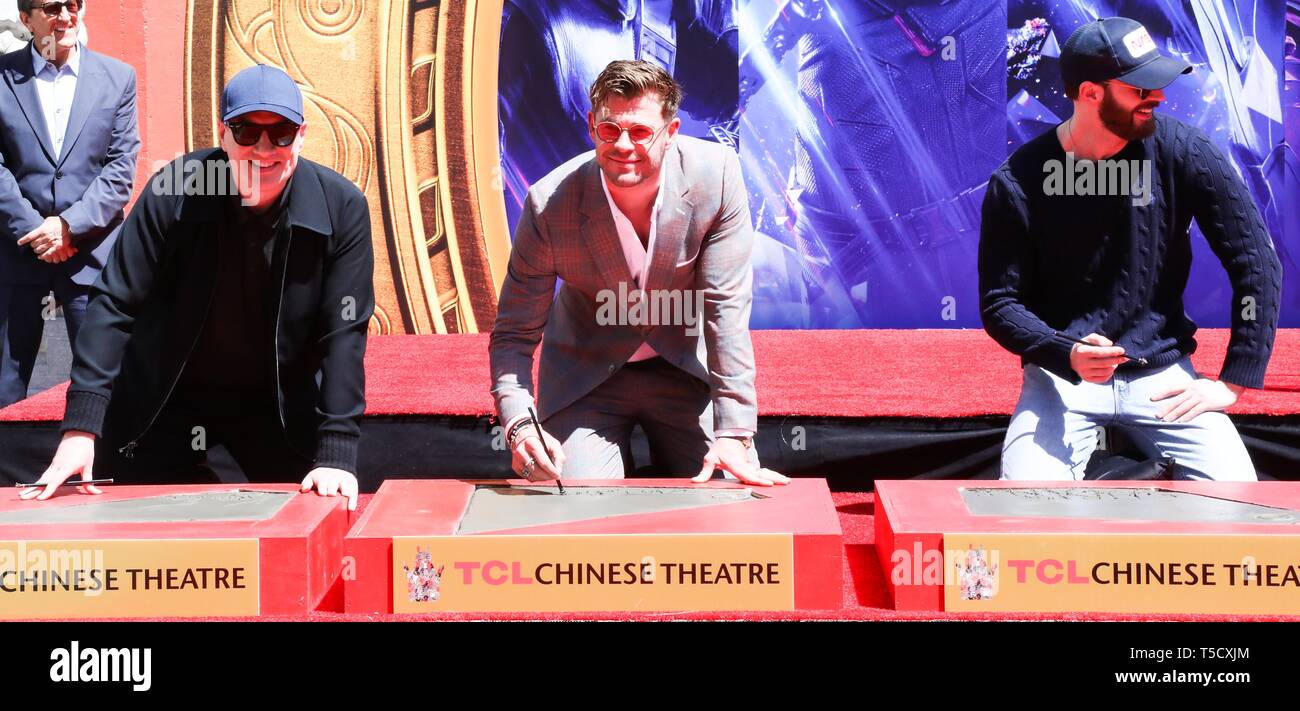 Hollywood, United States. 23rd Apr, 2019. HOLLYWOOD, LOS ANGELES, CALIFORNIA, USA - APRIL 23: Kevin Feige, Chris Hemsworth, Chris Evans attend the Marvel Studios' 'Avengers: Endgame' Cast Place Their Hand Prints In Cement At TCL Chinese Theatre IMAX Forecourt held at the TCL Chinese Theatre IMAX on April 23, 2019 in Hollywood, Los Angeles, California, United States. (Photo by David Acosta/Image Press Agency) Credit: Image Press Agency/Alamy Live News Stock Photo