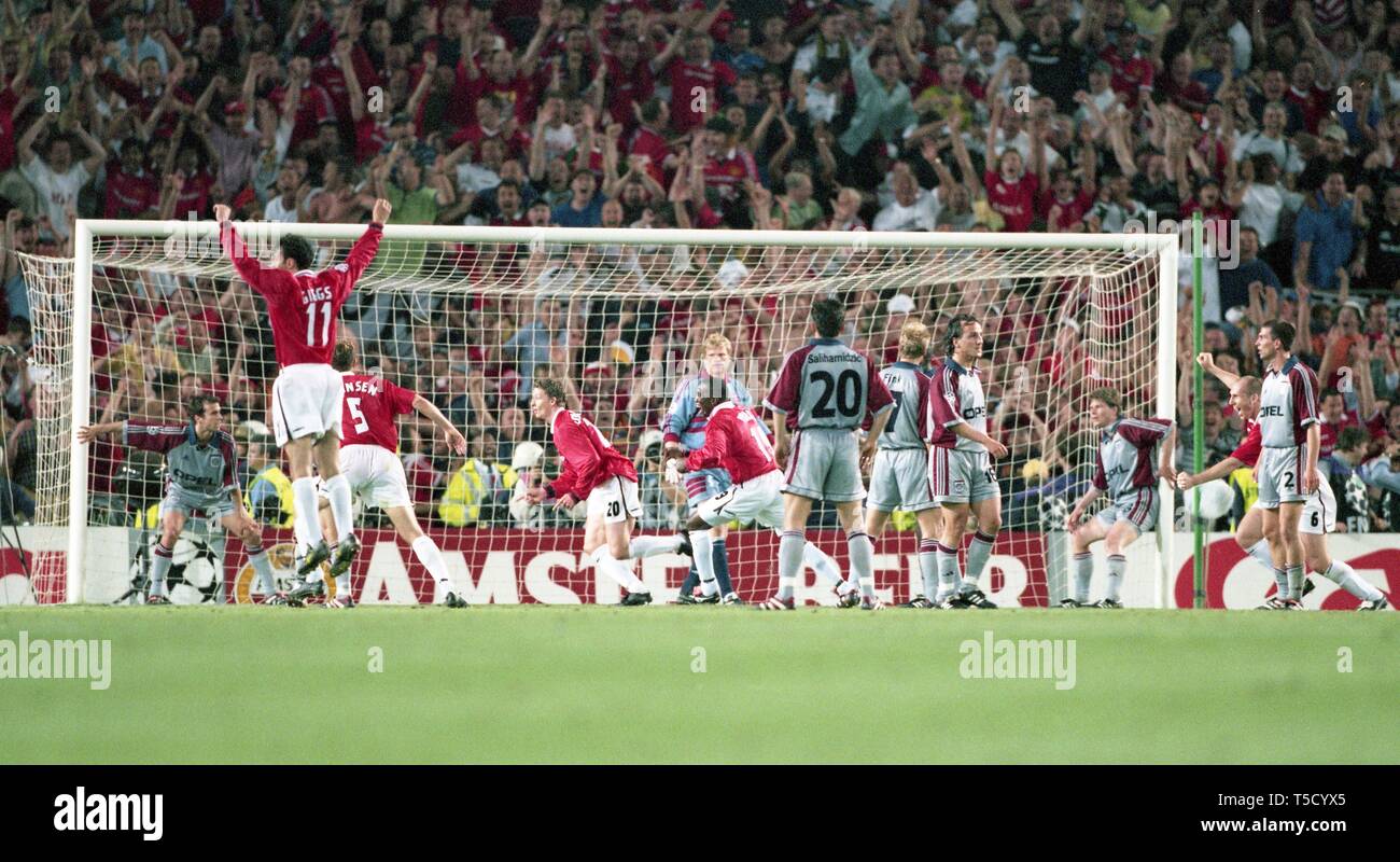 Barcelona, Spanien. 19th Apr, 2019. firo: 26.05.1999 Football, 1998/1999  Champions League: Final Manchester United - Bayern Munich, Munich, Munich  2: 1 goal, goaljubel (no.20) Ole Gunnar Solskjaer after his goal to 2: