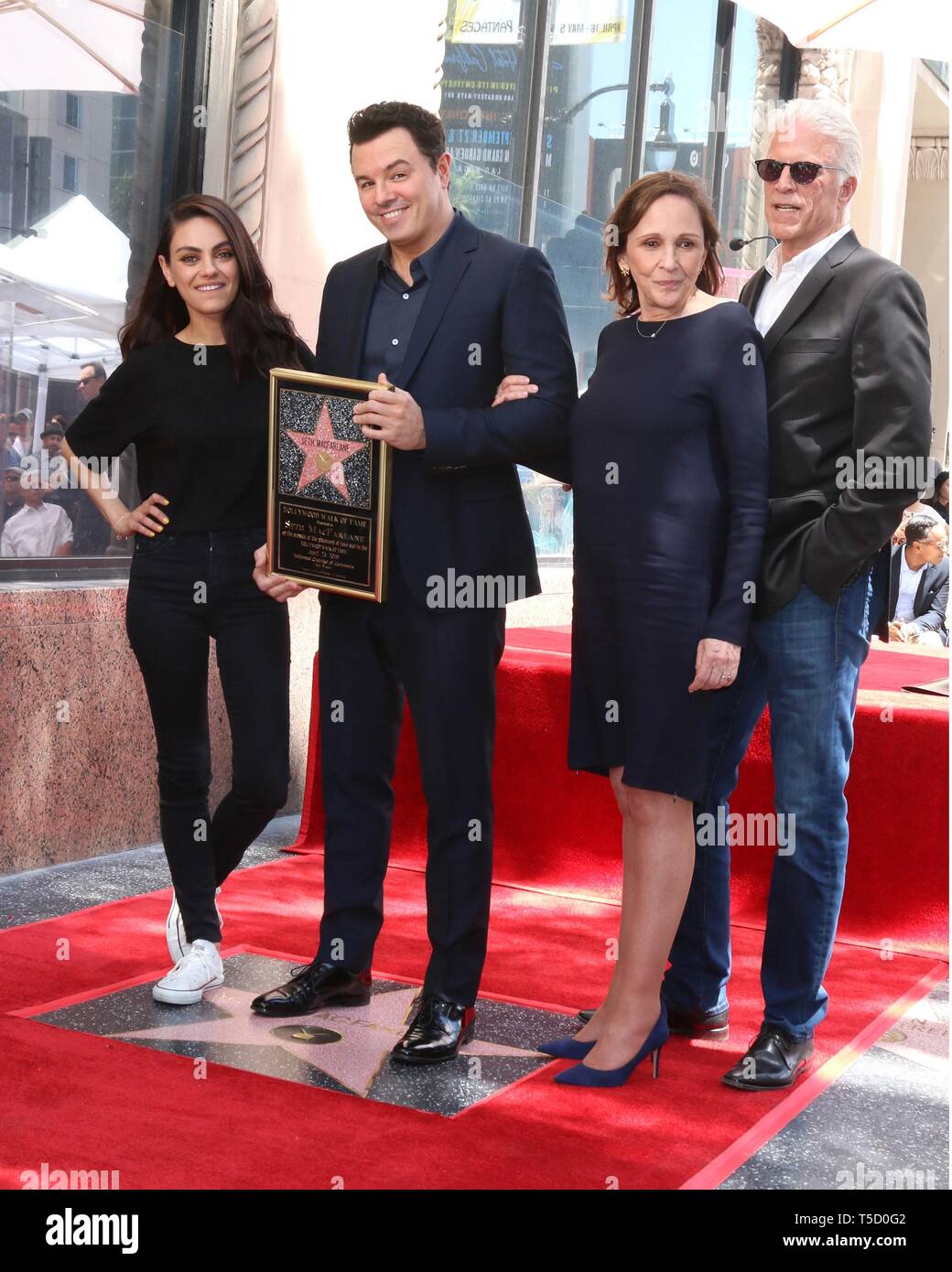 Los Angeles, CA, USA. 23rd Apr, 2019. Mila Kunis, Seth MacFarlane, Ann Druyan, Ted Danson at the induction ceremony for Star on the Hollywood Walk of Fame for Seth McFarland, Hollywood Boulevard, Los Angeles, CA April 23, 2019. Credit: Priscilla Grant/Everett Collection/Alamy Live News Stock Photo