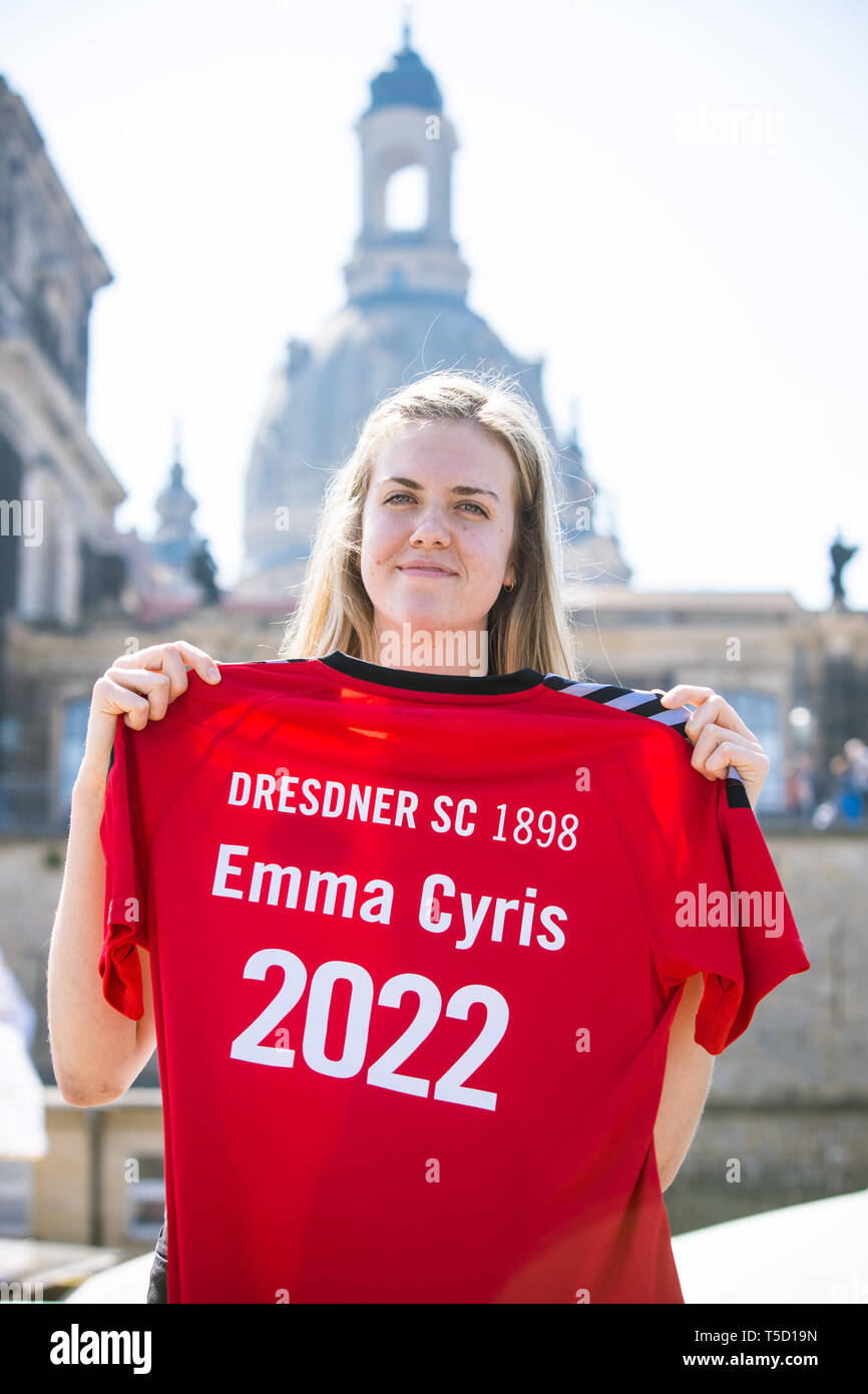 Dresden, Germany. 24th Apr, 2019. Emma Cyris, the new external attacker of the volleyball Bundesliga team Dresdner SC, poses with a jersey on the sidelines of a press conference. Credit: Oliver Killig/dpa-Zentralbild/dpa/Alamy Live News Stock Photo