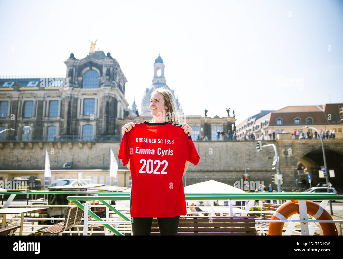 Dresden, Germany. 24th Apr, 2019. Emma Cyris, new outside attacker of the volleyball Bundesliga team Dresdner SC, poses with a jersey on the sidelines of a press conference. Credit: Oliver Killig/dpa-Zentralbild/dpa/Alamy Live News Stock Photo