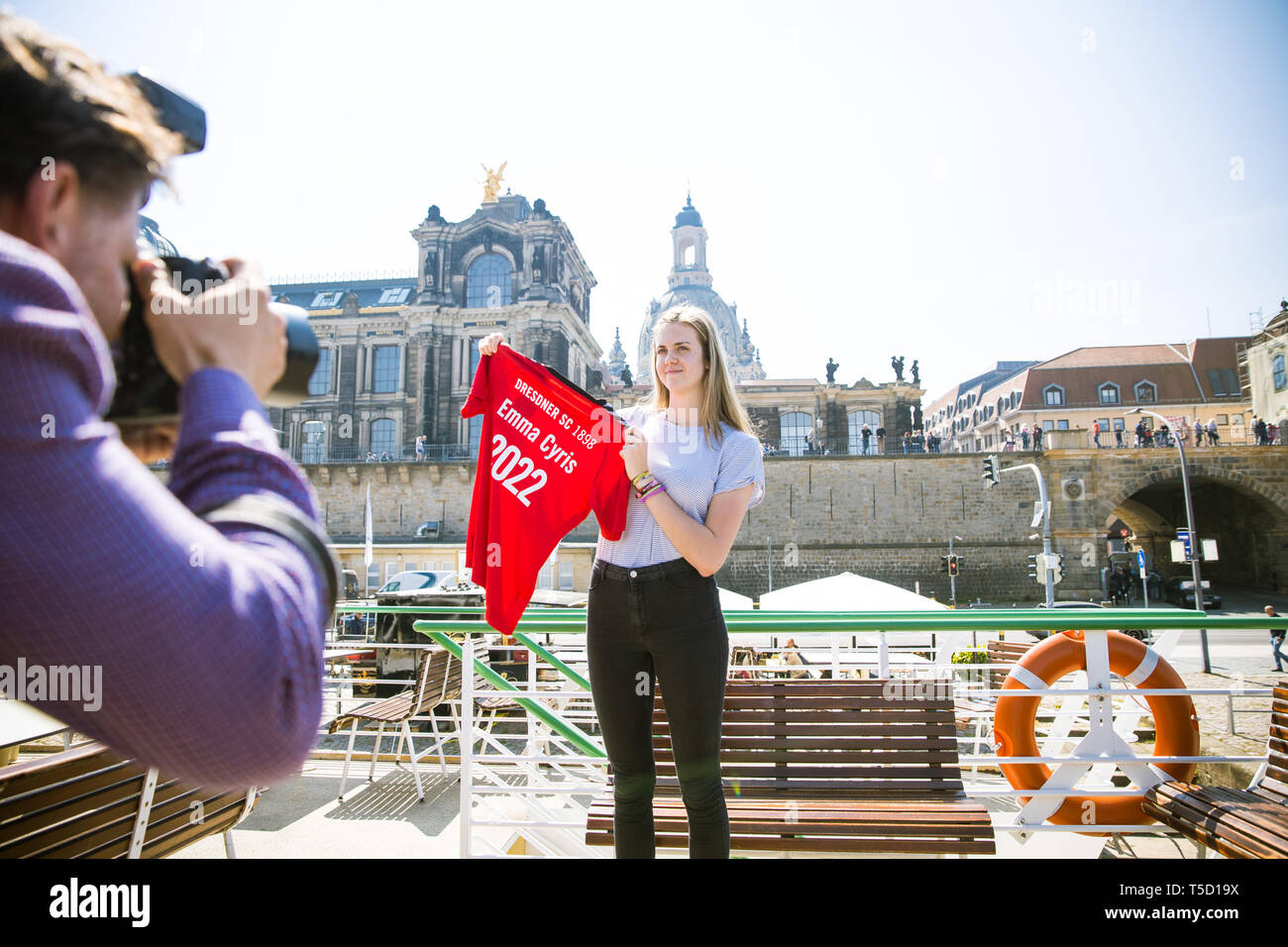 Dresden, Germany. 24th Apr, 2019. Emma Cyris, new outside attacker of the volleyball Bundesliga team Dresdner SC, poses on the sidelines of a press conference with a jersey for photographers. Credit: Oliver Killig/dpa-Zentralbild/dpa/Alamy Live News Stock Photo