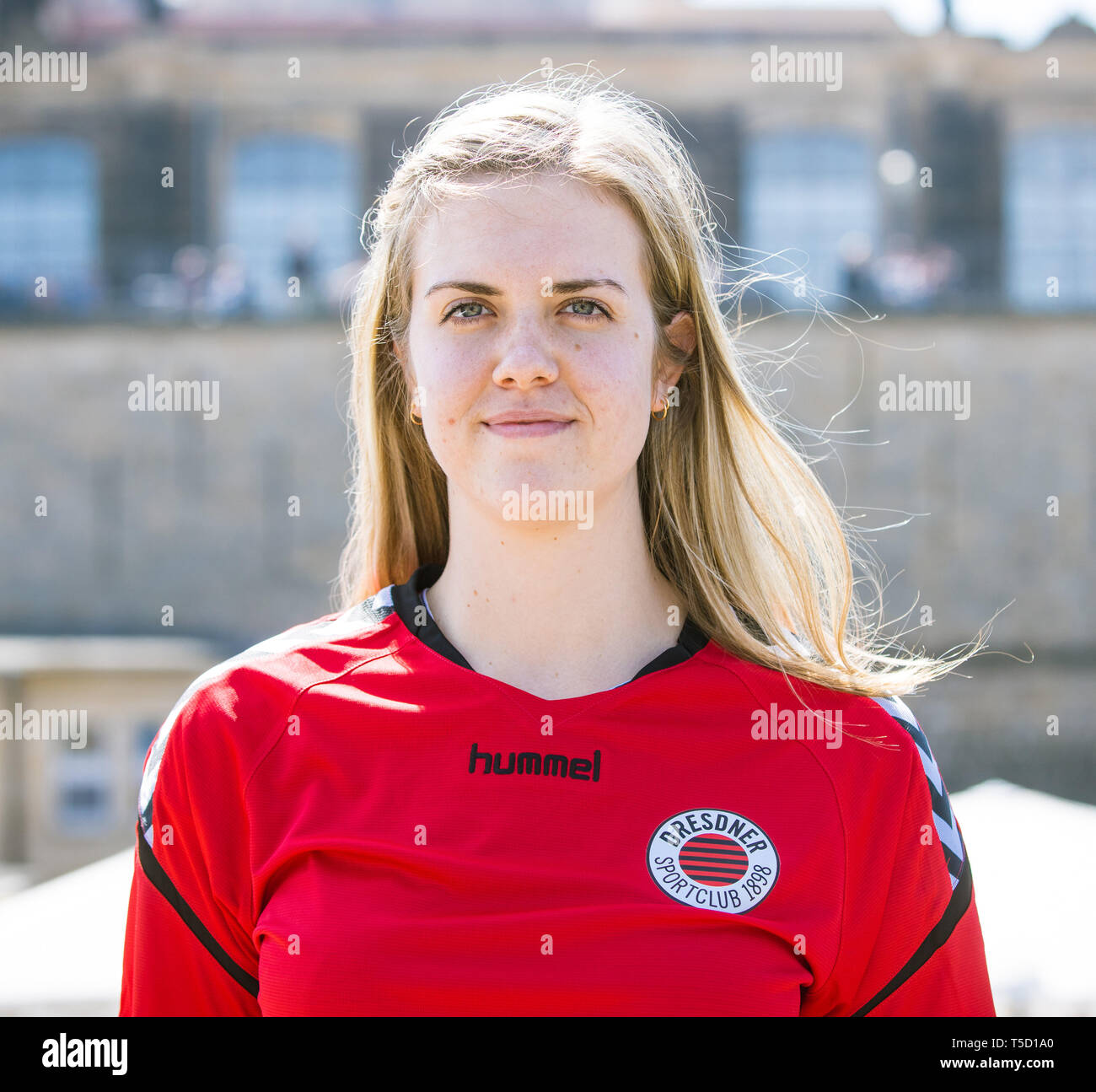Dresden, Germany. 24th Apr, 2019. Emma Cyris, new outside attacker of the volleyball Bundesliga team Dresdner SC, poses with a jersey on the sidelines of a press conference. Credit: Oliver Killig/dpa-Zentralbild/dpa/Alamy Live News Stock Photo