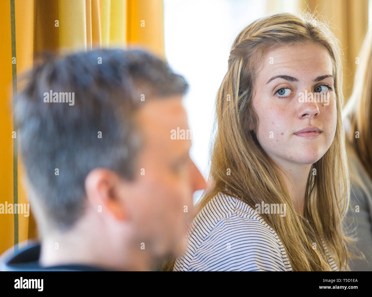 Dresden, Germany. 24th Apr, 2019. Emma Cyris, new outside attacker of the volleyball Bundesliga team Dresdner SC, sits at a press conference next to Alexander Waibl, head coach. Credit: Oliver Killig/dpa-Zentralbild/dpa/Alamy Live News Stock Photo