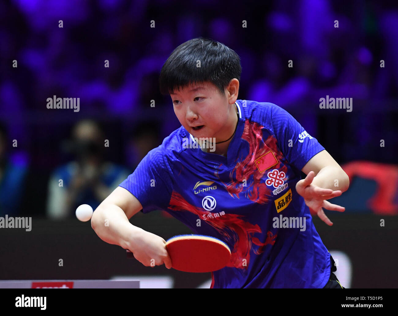 Budapest. 24th Apr, 2019. Sun Yingsha of China competes during the women's  singles round of 32 match between Sun Yingsha of China and Ito Mima of  Japan at 2019 ITTF World Table