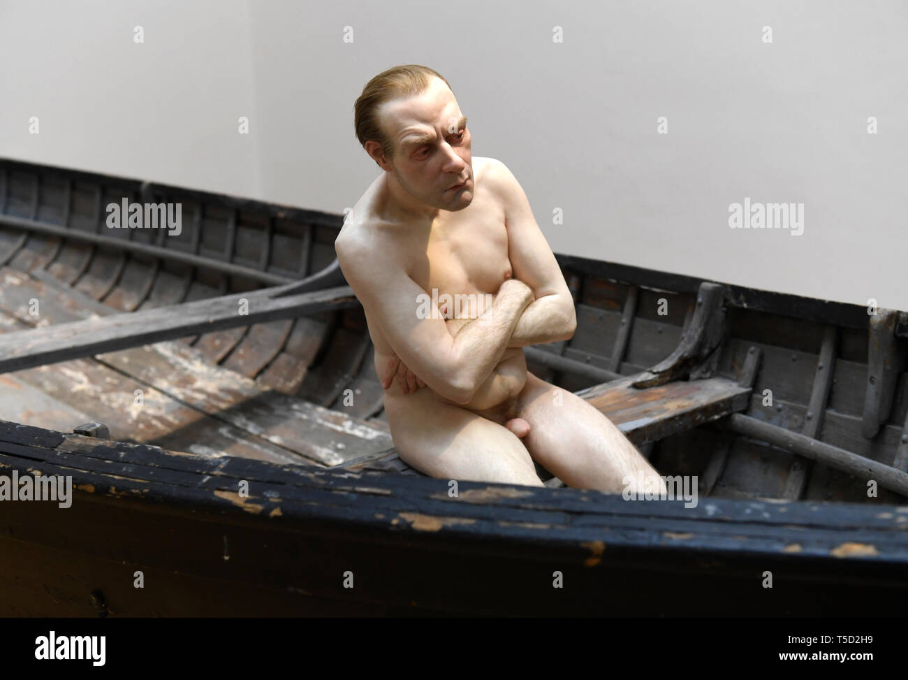 Prague, Czech Republic. 24th Apr, 2019. A work by Ron Mueck is presented within the exhibition A Cool Breeze exposing new possibilities of spatial depiction of a figure in contemporary art in Galerie Rudolfinum, Prague, Czech Republic, on Wednesday, April 24, 2019. Credit: Michal Krumphanzl/CTK Photo/Alamy Live News Stock Photo