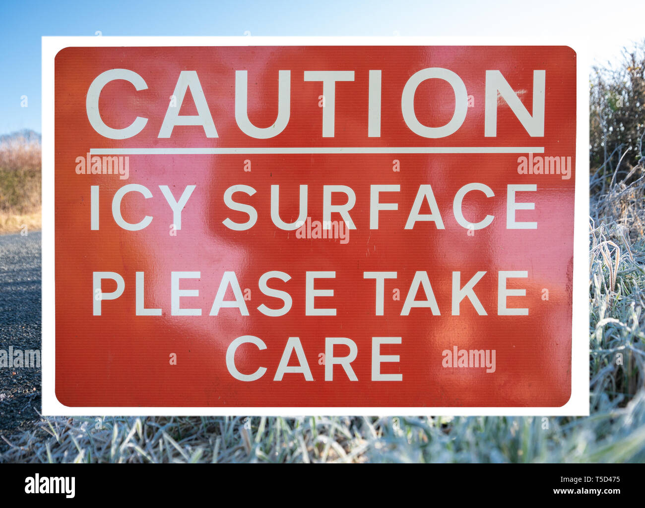 Caution Icy surface sign Stock Photo