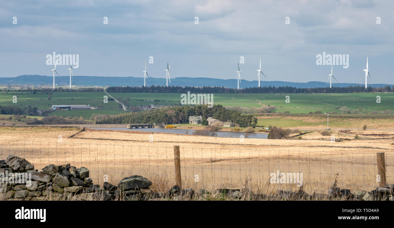 Wind farm and Scargill Reservoir on the North Yorkshire Dales, England, United Kingdom Stock Photo