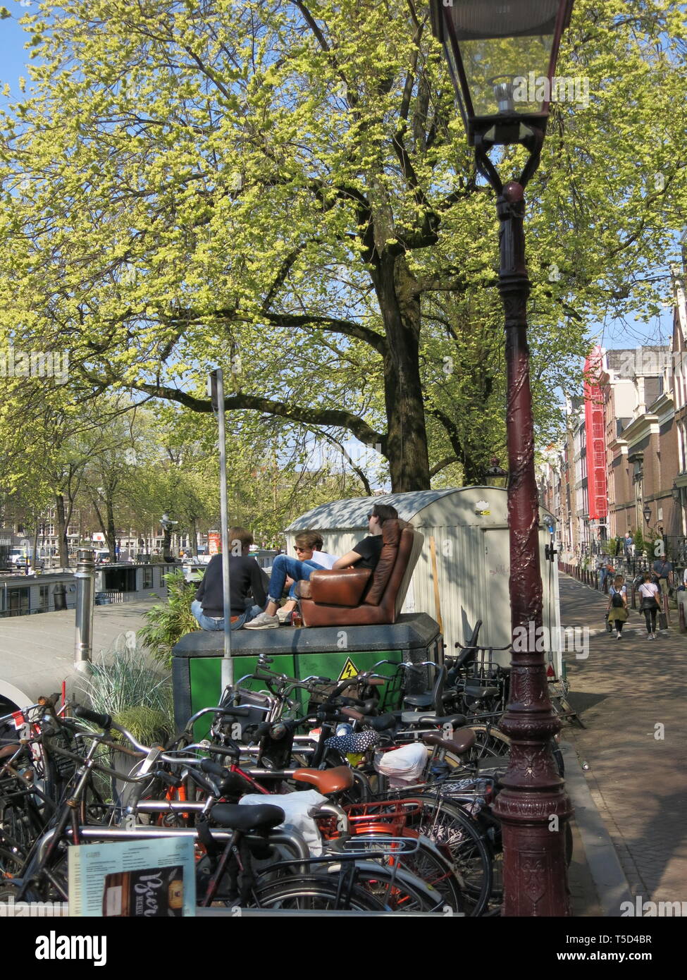 Three young men sitting on an old leather sofa on top of a roadside cabinet abandoned amongst parked bicycles at the side of the canal in Amsterdam Stock Photo