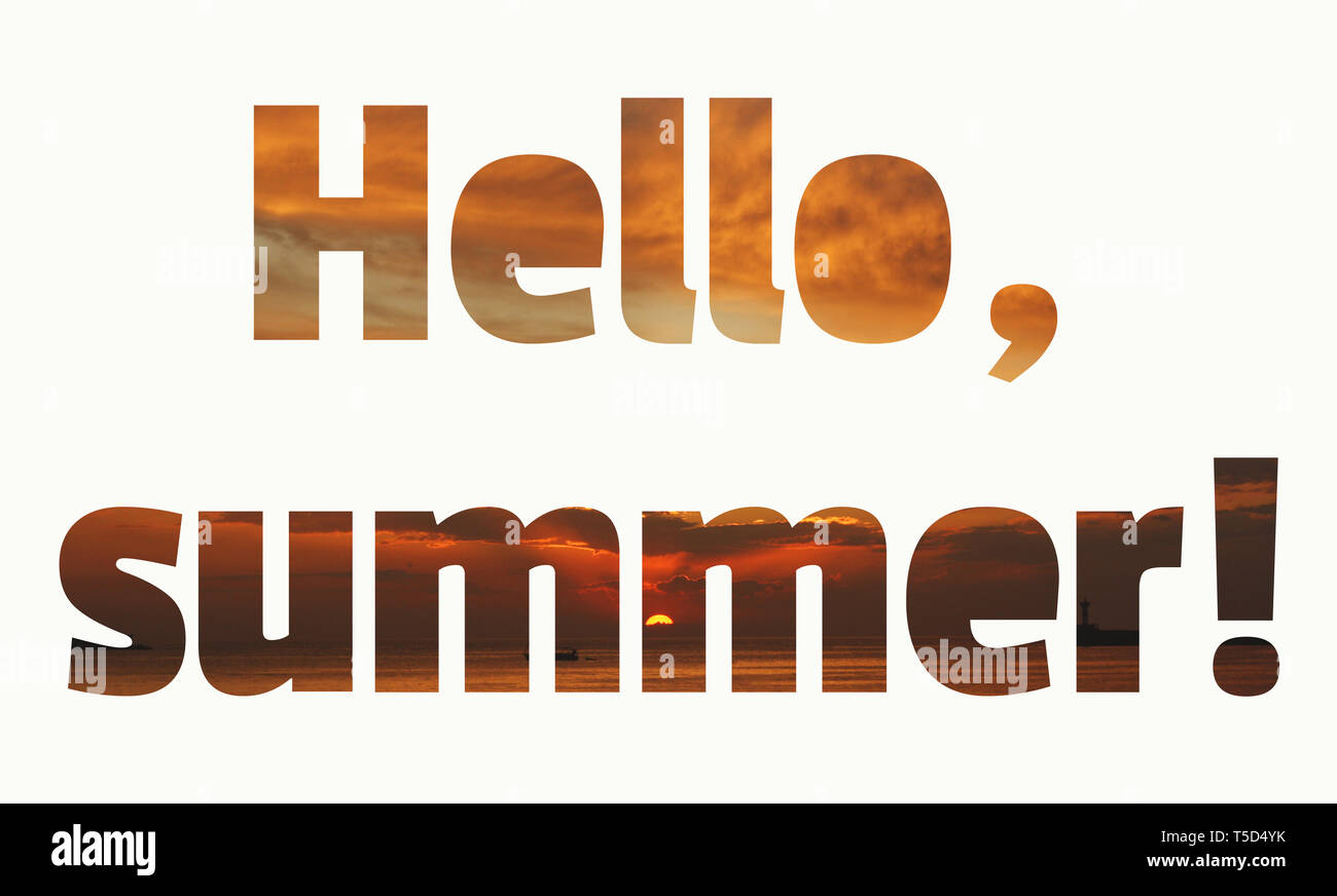 Hello Summer lettering. Tropical sunset vivid orange brown and coral sky background Stock Photo