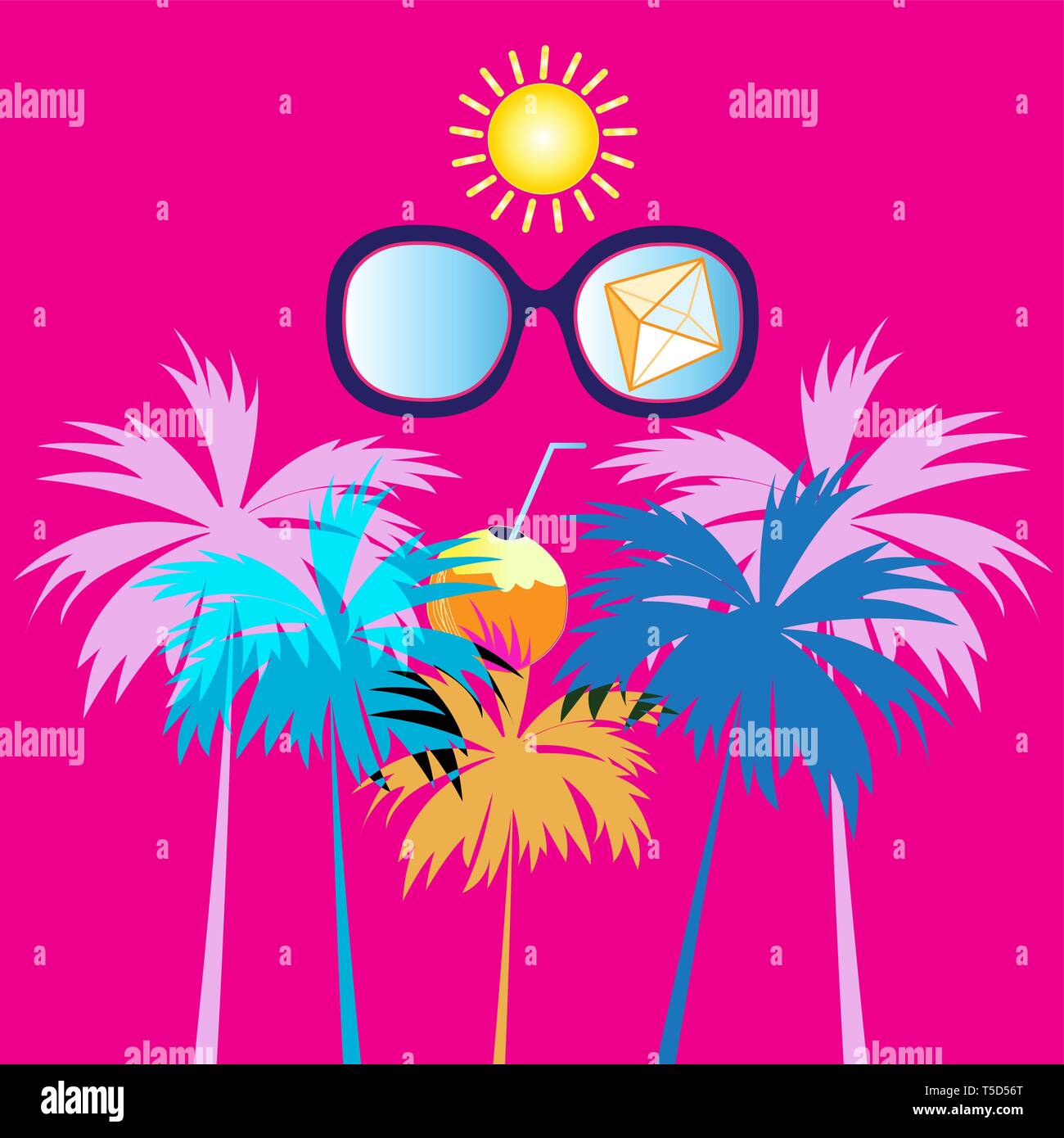 Summer Sunny tropical background with palm trees and glasses Stock