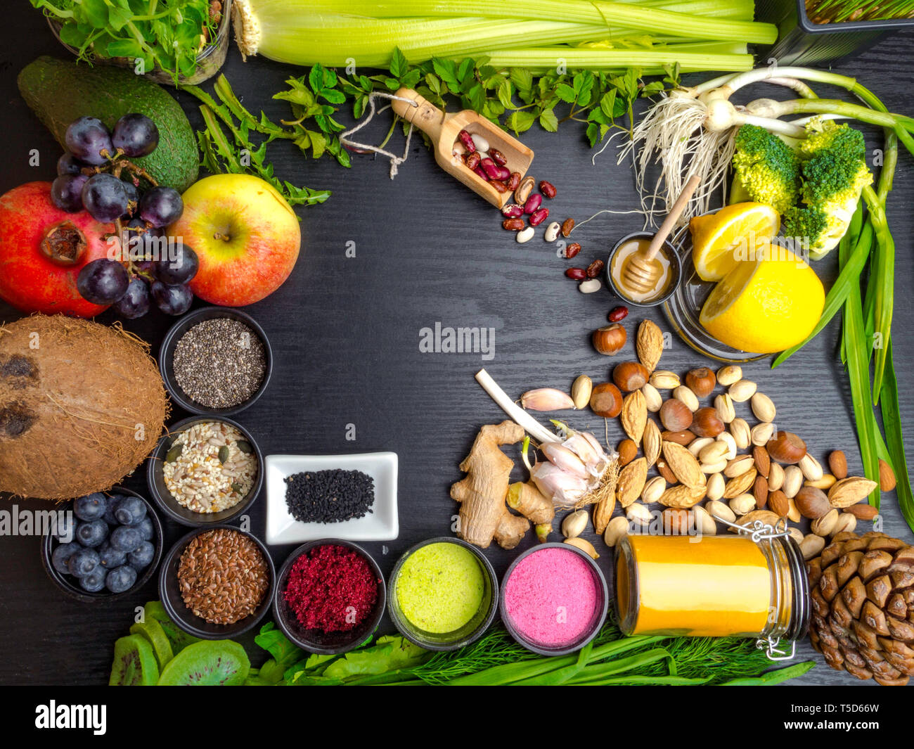 Clean eating concept over wooden background, top view, copy space ...
