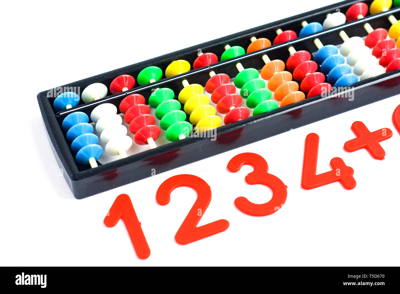 Japanese traditional calculator abacus and numbers on white Stock Photo
