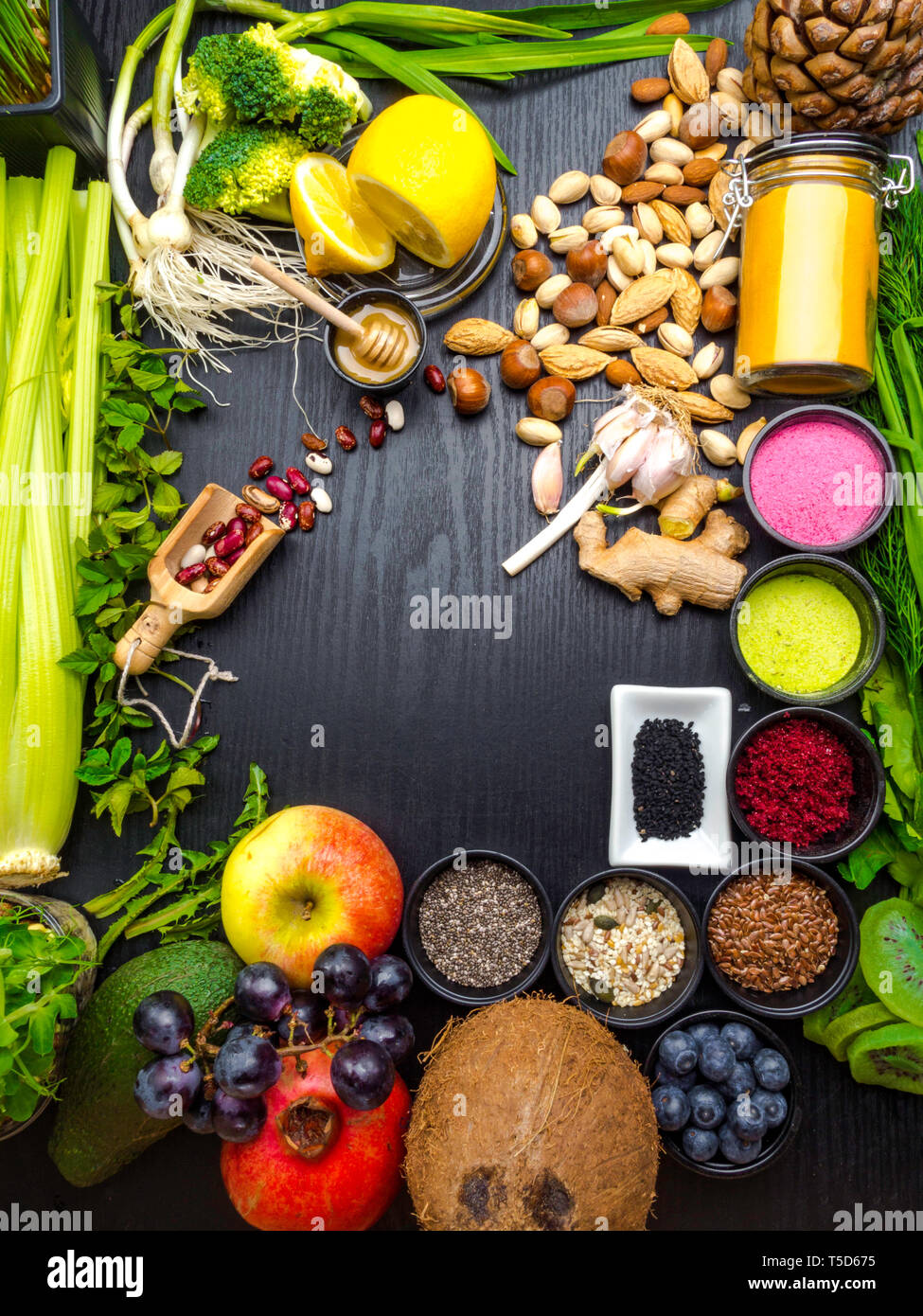 Clean eating concept over wooden background, top view, copy space ...