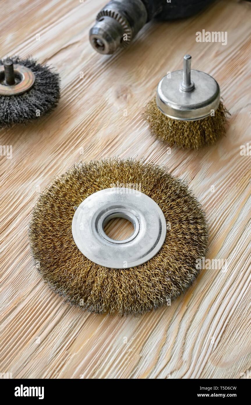 abrasive tools for brushing wood and giving it texture. Wire brushes on