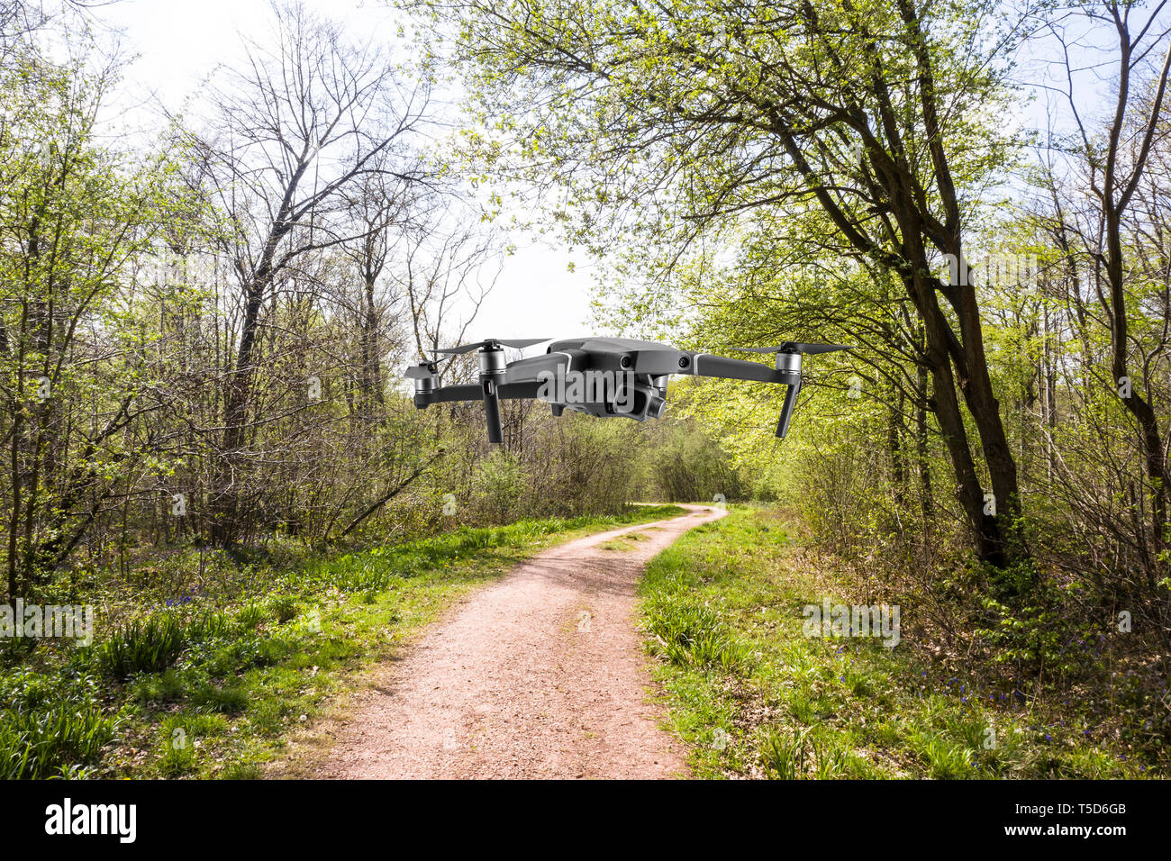 Drone in the woods, a drone flys in the  woods over the foot path Stock Photo