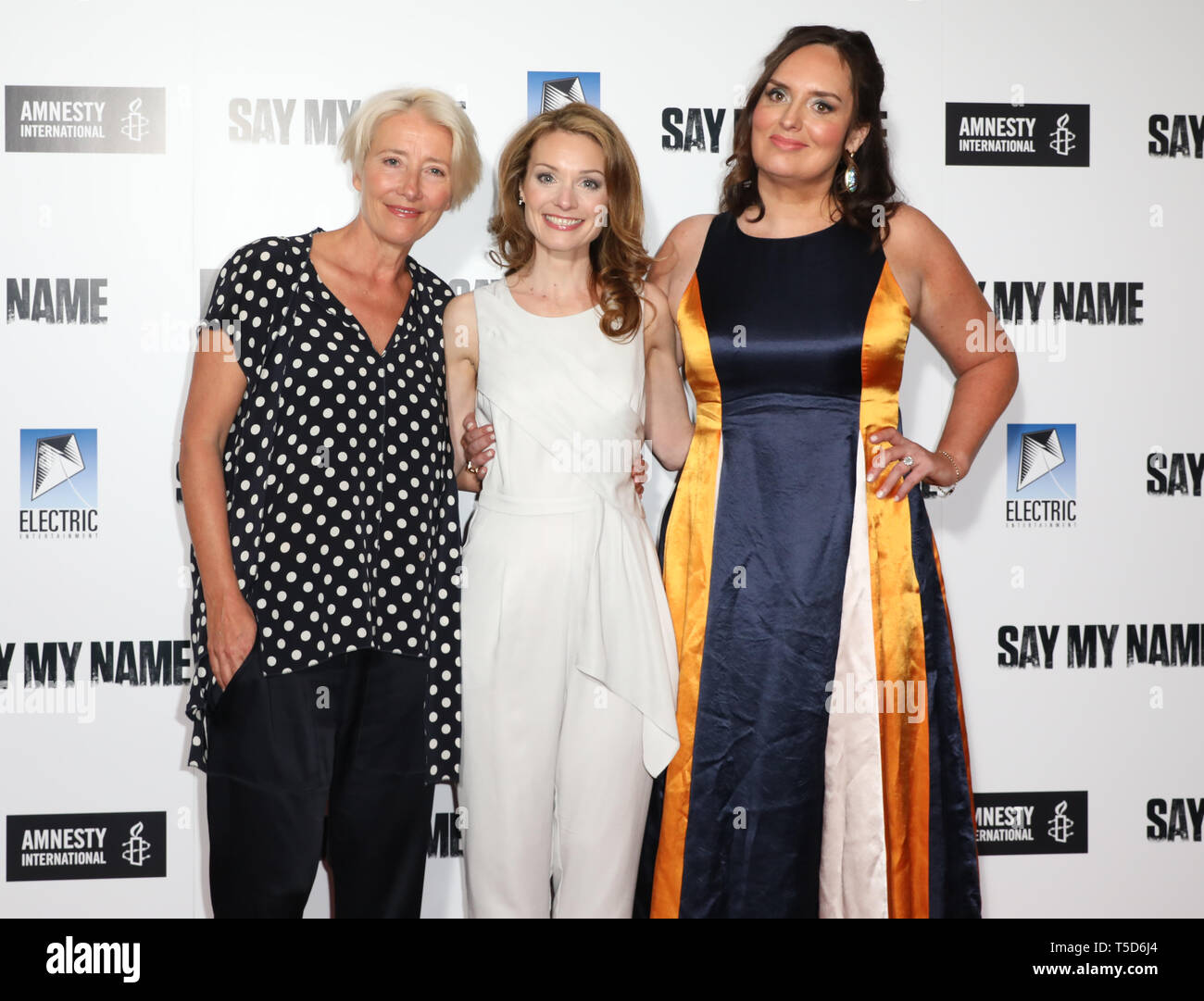 (left to right) Emma Thompson, Lisa Brenner and Deborah Frances-White, attend the gala screening for Say My Name at the Odeon Luxe, Leicester Square, London. Stock Photo