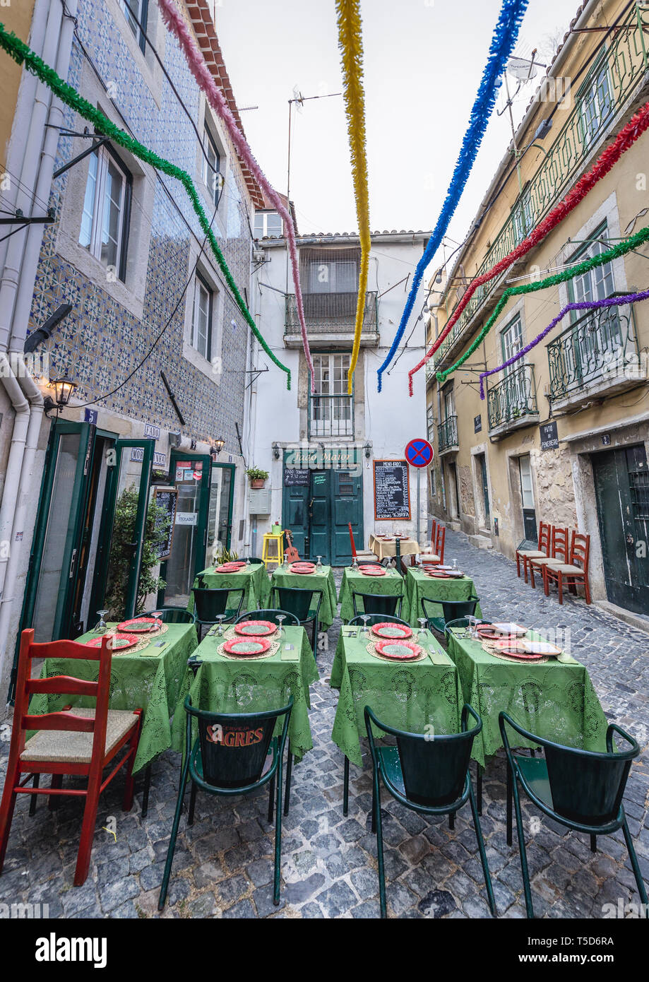 Fado restaurants in Alfama district of Lisbon city, Portugal Stock Photo
