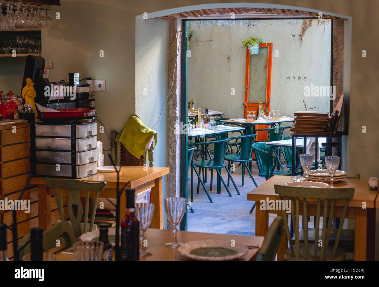 Interior of small restaurant in Alfama district of Lisbon city, Portugal OBOK Fado Maior Stock Photo