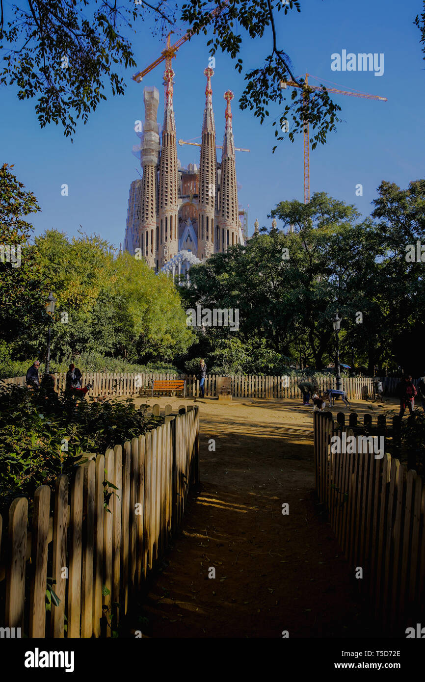 Barcelona, Spain.Desember 14, 2017.Redemptive Temple of the Holy Family Sagrada at sunny day, shot from a short distance. Stock Photo