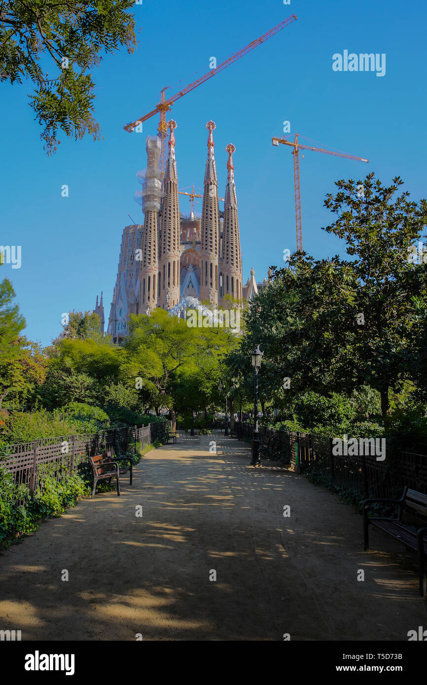 Barcelona, Spain.Desember 14, 2017.Redemptive Temple of the Holy Family Sagrada by Gaudi at sunny day, shut from a short distance.Colorful Stock Photo