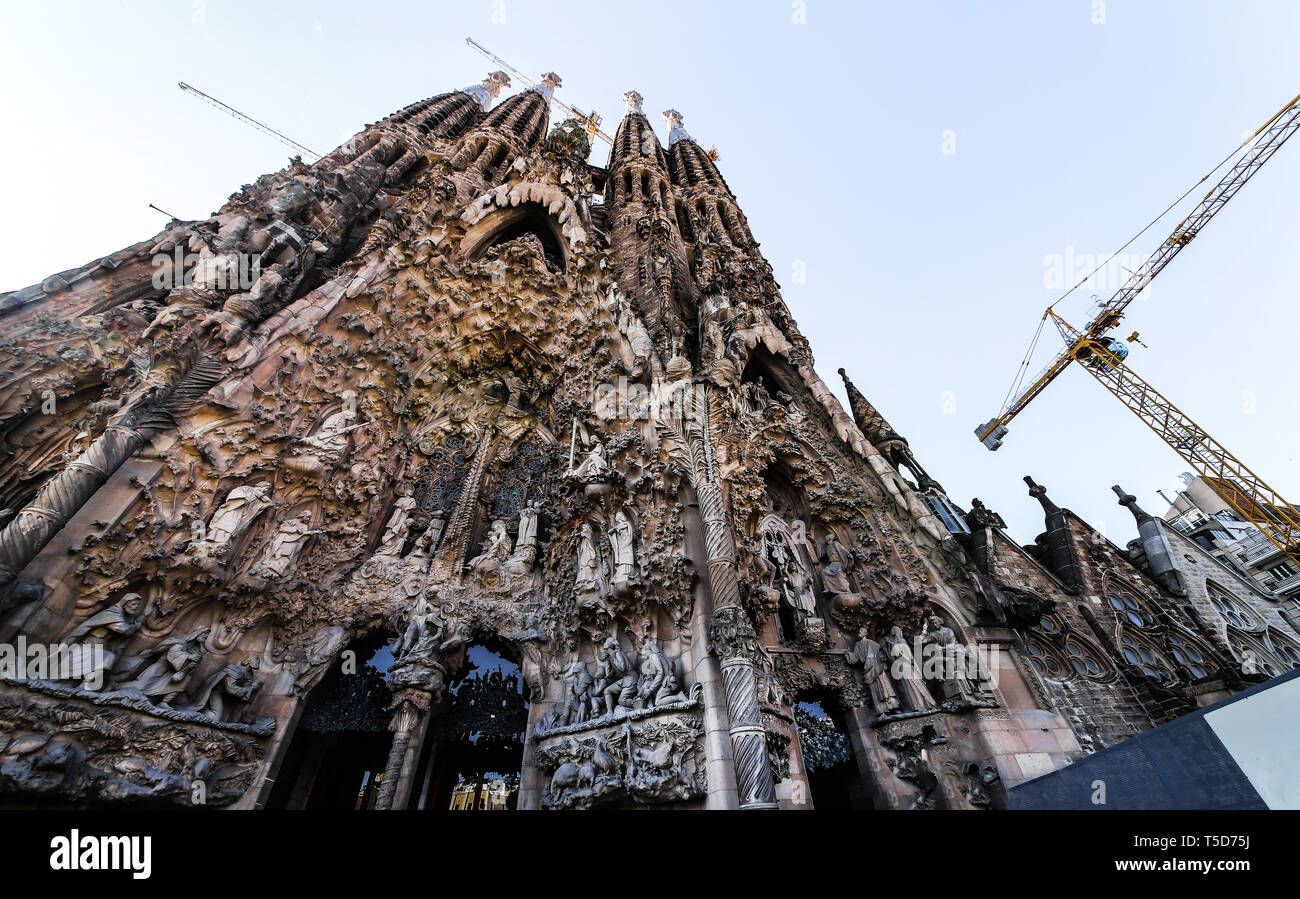 Barselona, Spain,November 14, 2017. The Basilica redemptive Temple of the Holy family Sagrada by  Antonio Gaudi, sunny day against the sky, no people Stock Photo